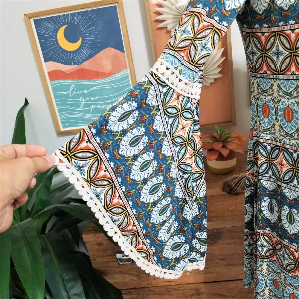 Dress. Teal, Burnt Orange, Multi Print. Southern Fried Chics Brand. Size Small. - Picture 3 of 9